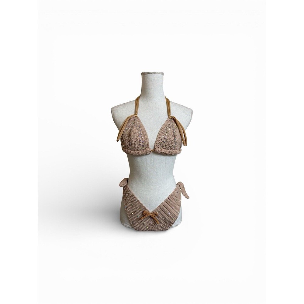 New Italy Dance Wear Women's Beige Crochet Bikinin Set Rave Wear Party Wear